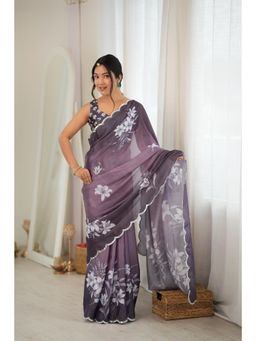 Nyri - Purple Beautiful Printed Mirror Work Chinon Saree