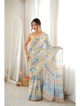 Nyri - Yellow Beautiful Printed Mirror Work Chinon Saree
