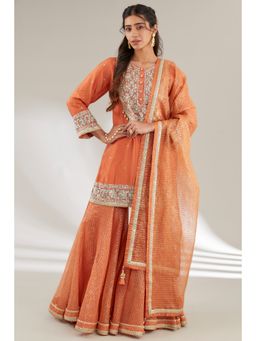 Ajiesh Oberoi - Orange Embroidered Short Kurta with Sharara and Dupatta (Set of 3)