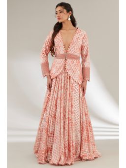 Ajiesh Oberoi - Peach Embroidered Waist Band and Cuffs Jacket with Skirt (Set of 2)