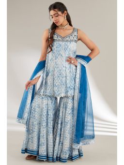 Ajiesh Oberoi - Blue Peplum Style Short Kurta with Sharara and Dupatta (Set of 3)
