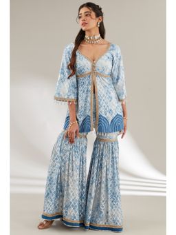 Ajiesh Oberoi - Blue Front Cut Peplum Short Kurta with Flared Sharara (Set of 2)