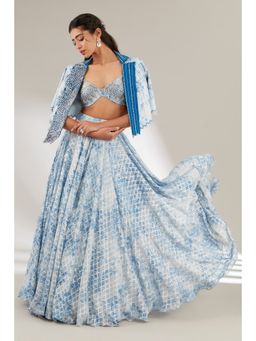 Ajiesh Oberoi - Blue Crop Jacket with Bralette and Skirt (Set of 3)