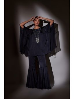 Ajiesh Oberoi - Navy Blue Flora Short Kaftan with Flared Sharara (Set of 2)