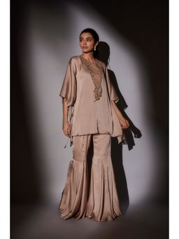 Ajiesh Oberoi - Beige Flora Short Kaftan with Flared Sharara (Set of 2)