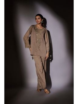 Ajiesh Oberoi - Brown Emily Front Neck Embroidered Co-Ord (Set of 2)