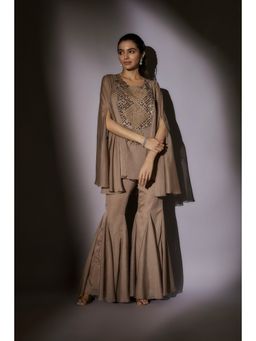 Ajiesh Oberoi - Beige Bella Sheer Cape with Bustier and Flared Sharara (Set of 3)