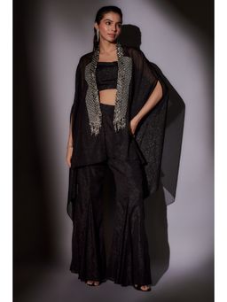 Ajiesh Oberoi - Black Embroidered Cape with Bustier and Sharara (Set of 3)
