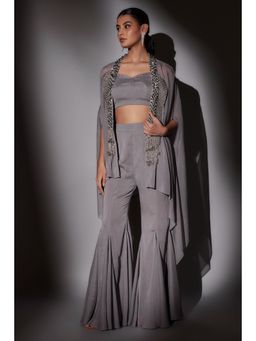 Ajiesh Oberoi - Grey Embroidered Cape with Bustier and Sharara (Set of 3)