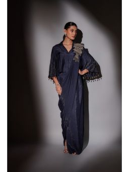 Ajiesh Oberoi - Navy Blue Richa Bohemian Inspired Pre Draped Saree with Stitched Blouse