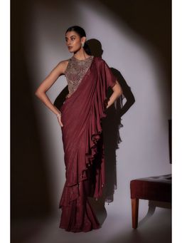 Ajiesh Oberoi - White Sana Leaf Embroidery Frill Pre Draped Saree with Stitched Blouse