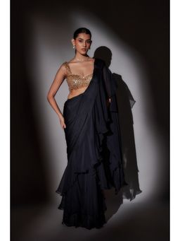 Ajiesh Oberoi - Black Shaina Frill Pre Draped Saree with Stitched Blouse