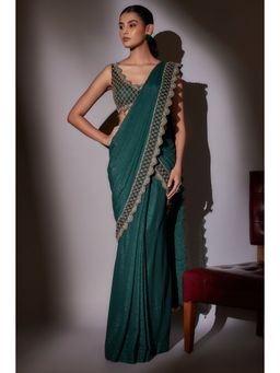 Ajiesh Oberoi - Green Rose Heavy Hand Embroidered Pre Draped Saree with Stitched Blouse