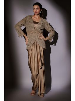 Ajiesh Oberoi - Beige Embroider Jacket with Bustier and Skirt (Set of 3)