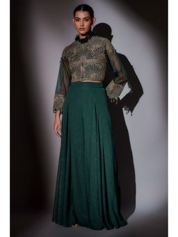 Ajiesh Oberoi - Green Crop Jacket with Bustier and Flared Palazzo (Set of 3)
