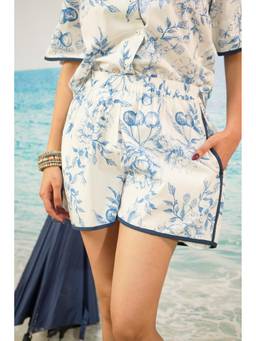 KHAMNA - Blue Vaishali Floral Toile Printed Resort Shorts