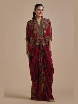 Nirraamyaa - Maroon Naqsh Cape Kaftan Dress