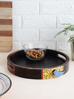 VarEesha - Hand Painted Blue Bird Circular Mango Wood Tray - Neel collection