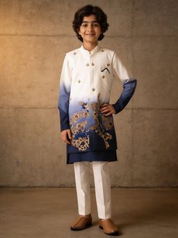 Fayon Kids - Blue Ombre Embroidered Nehru Jacket With Kurta & Pant