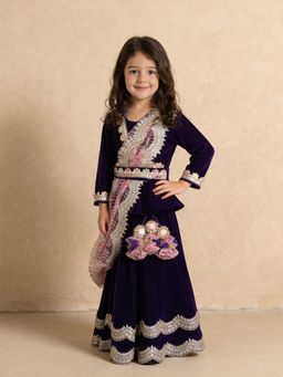 Fayon Kids - Purple Velvet Lehenga Choli With Dupatta & Belt