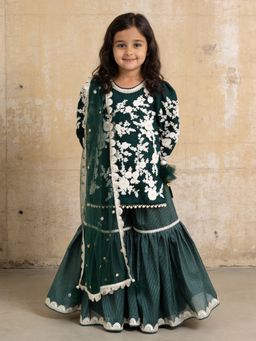 Fayon Kids - Green Embroidered Kurti With Sharara & Dupatta
