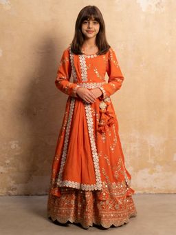 Fayon Kids - Orange Embroidered Anarkali With Dupatta & Belt