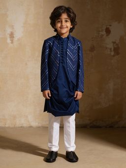 Fayon Kids - Blue Mirror Embroidery Jacket With Kurta & Pant