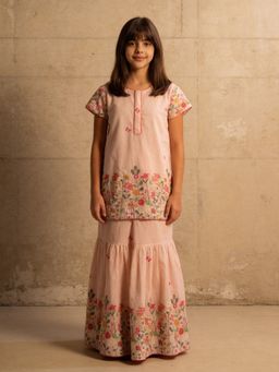 Fayon Kids - Peach Embroidered Kurti With Sharara