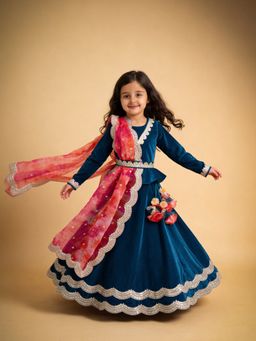 Fayon Kids - Teal Blue Velvet Lehenga Choli With Dupatta & Belt