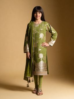 Fayon Kids - Green Brocade Kurta With Churidar