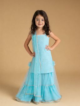 Fayon Kids - Blue Embroidered Kurti With Sharara & Dupatta