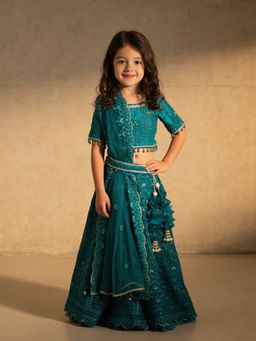 Fayon Kids - Green Thread Lehenga Choli With Dupatta & Belt