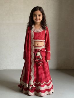 Fayon Kids - Red Bandhej Lehenga Choli With Dupatta