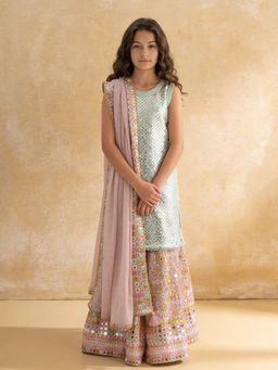 Fayon Kids - Green Embroidered Kurta With Sharara & Dupatta