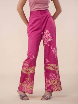 Freedom Tree - Pink Wilderness Song Sangria Floral Print Cotton Satin Trouser