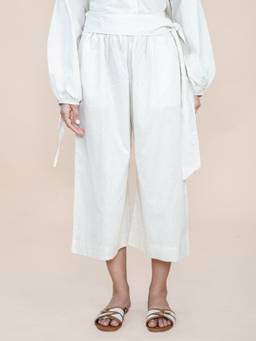 Freedom Tree - White Sashay Flare Ecru Belted Cotton Solid Culotte