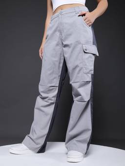 PRONK - Grey Cotton Colorblock Parachute Pant