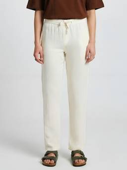 PRONK - Off White Cotton Solid Pant