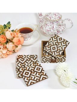 CasaGold - Brown and Gold Set of 6 Coasters with Stand | Resin With MDF Wood