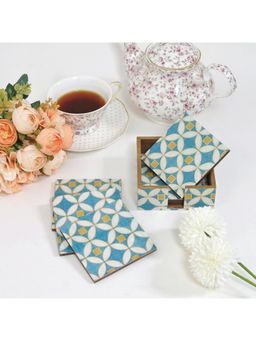 CasaGold - Blue and Gold Set of 6 Coasters with Stand | Resin With MDF Wood