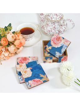 CasaGold - Blue Floral Set of 6 Coasters with Stand | Resin With MDF Wood