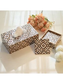 CasaGold - Brown & Gold Combo Tissue Box Holder with Set of 6 Coaster Set