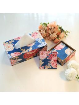 CasaGold - Blue Floral Combo Tissue Box Holder with Set of 6 Coaster Set