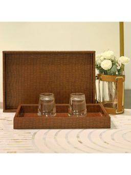 CasaGold - Tan Brown Premium Leather Serving Tray- Set of 2