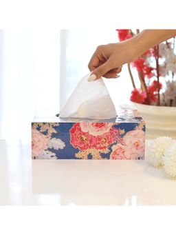 CasaGold - Blue Floral Resin Printed Wooden Tissue Paper Holder Box for Dining Room