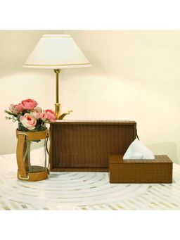 CasaGold - Combo Leather Tray with Tissue Box-Tan Brown