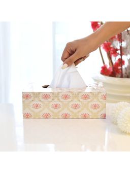 CasaGold - Dining Room Pink Lotus Resin Printed Wooden Tissue Paper Holder Box