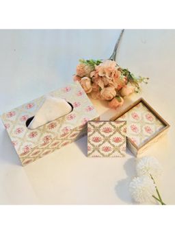 CasaGold - Pink Lotus 2 Tissue Box Holder with Pack of 6 Coaster