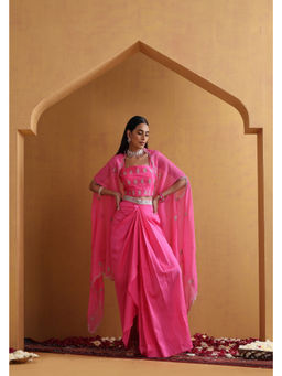 SUI KALA - Aangan Embroidered Draped Pink Skirt with Blouse and Cape