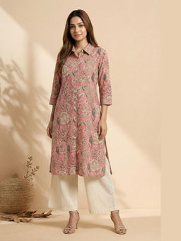 PANCHRANGA - Women Blush Pink Garden Handblock Cotton Kurta